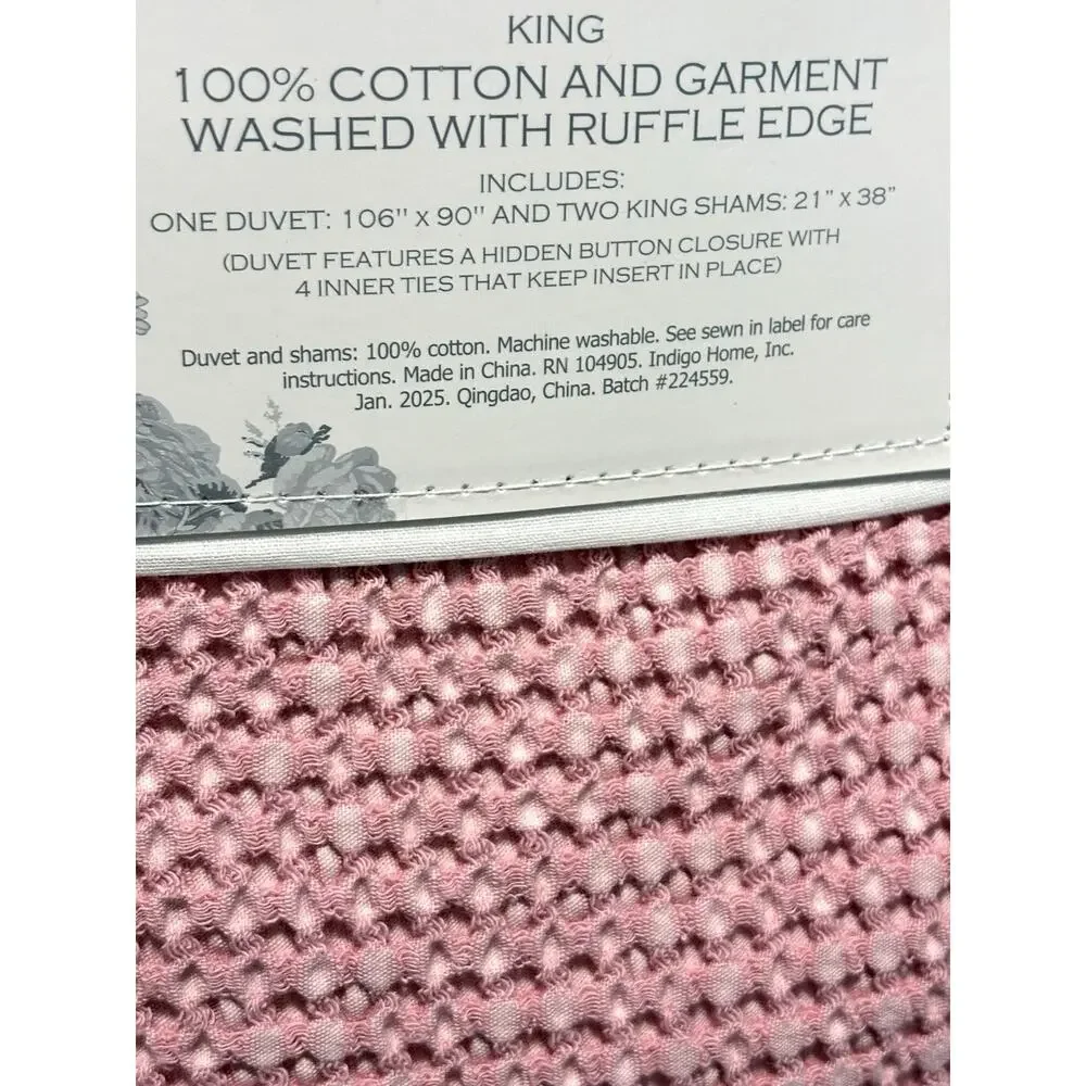 Shabby Chic All Cotton Woven King Size Duvet Cover Set Pink Ruffle Garment Wash - Picture 6 of 10